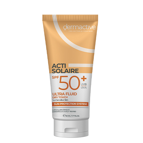 ACTI-SOLAIRE SPF 50+ سائل حماية من الشمس للبشرة الحساسة مع لمسة جافة، يوفر حماية طويلة الأمد ضد الأشعة فوق البنفسجية UVA/UVB.